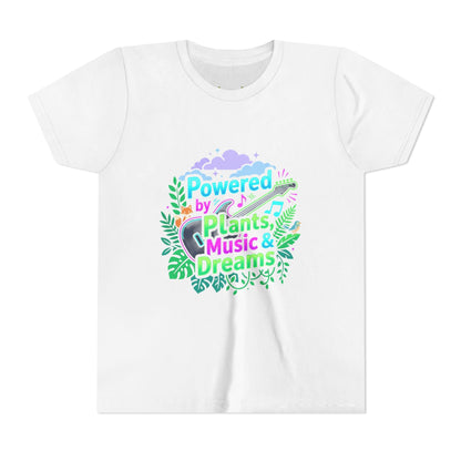 Youth Tee — “Powered by Plants, Music & Dreams” Floral Guitar Kids T-Shirt - ConsciousValues