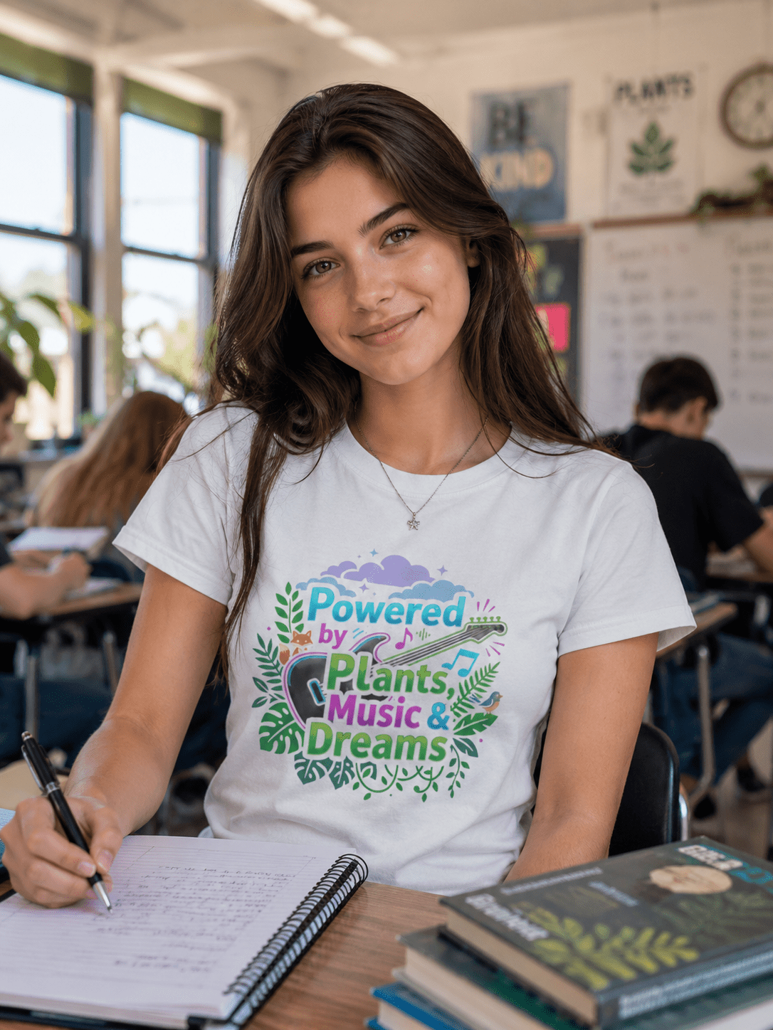 Youth Tee — “Powered by Plants, Music & Dreams” Floral Guitar Kids T-Shirt - ConsciousValues
