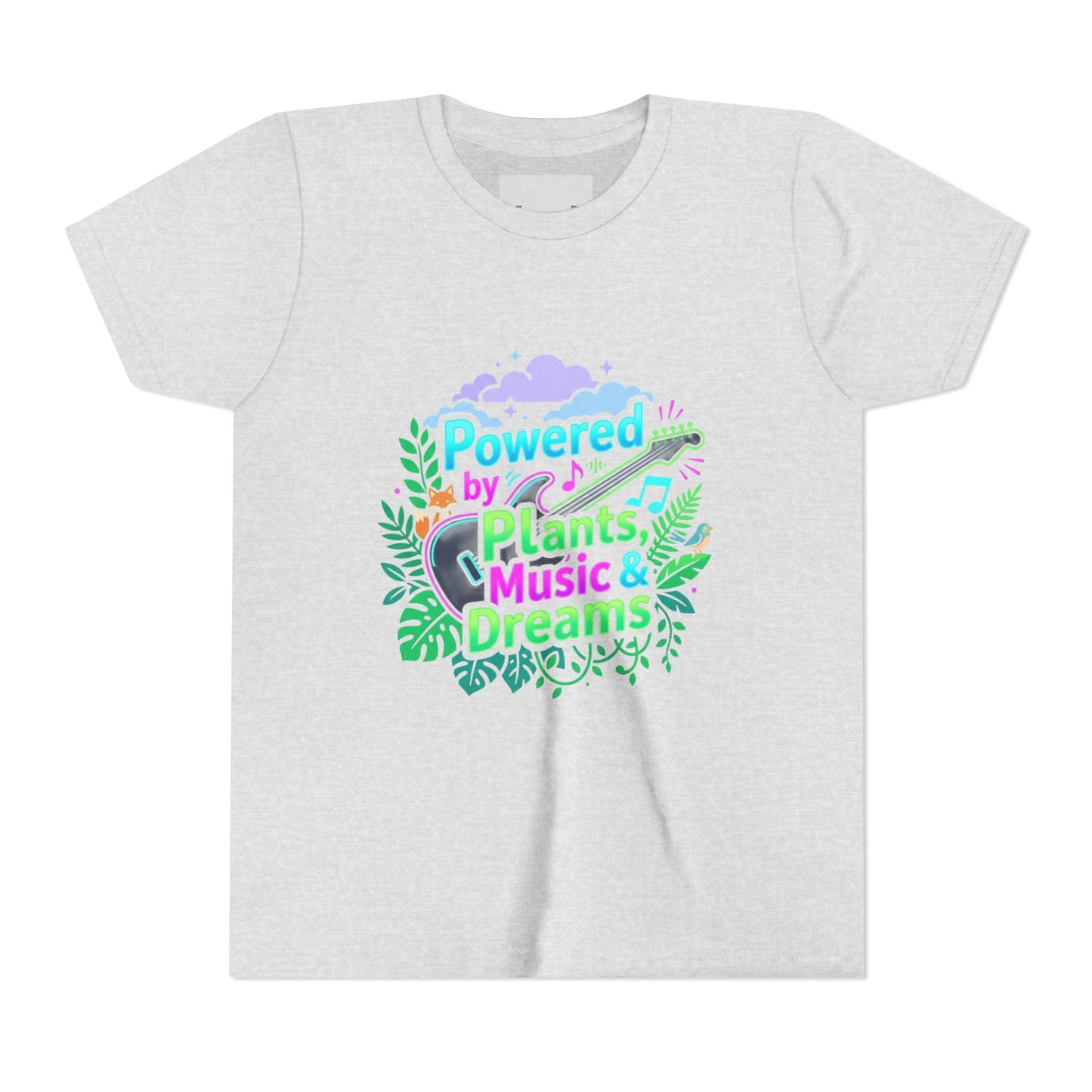 Youth Tee — “Powered by Plants, Music & Dreams” Floral Guitar Kids T-Shirt - ConsciousValues