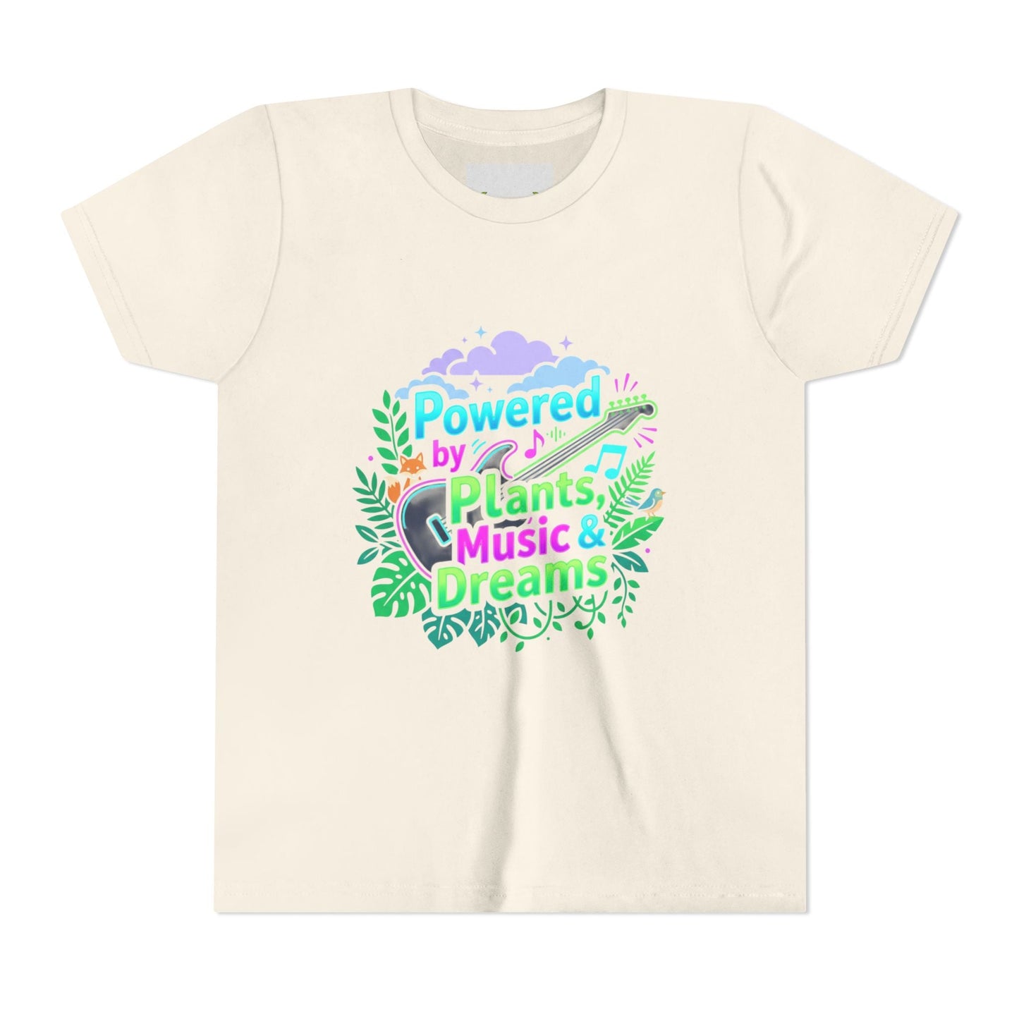 Youth Tee — “Powered by Plants, Music & Dreams” Floral Guitar Kids T-Shirt - ConsciousValues