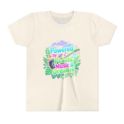 Youth Tee — “Powered by Plants, Music & Dreams” Floral Guitar Kids T-Shirt - ConsciousValues