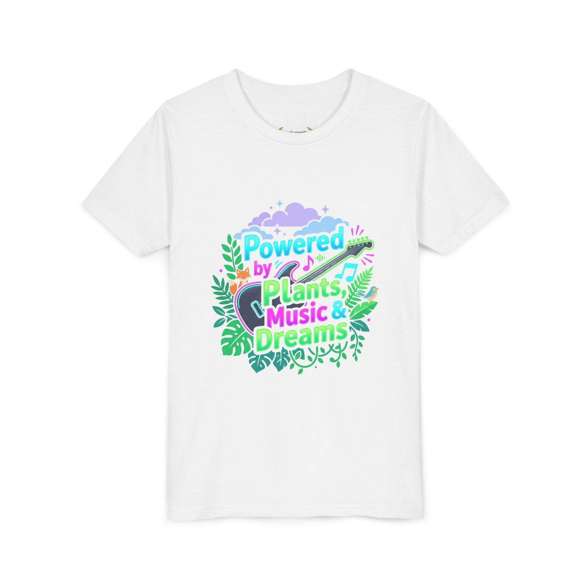 Youth Tee — “Powered by Plants, Music & Dreams” Floral Guitar Kids T-Shirt - ConsciousValues