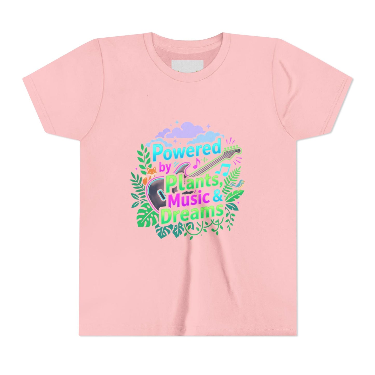 Youth Tee — “Powered by Plants, Music & Dreams” Floral Guitar Kids T-Shirt - ConsciousValues