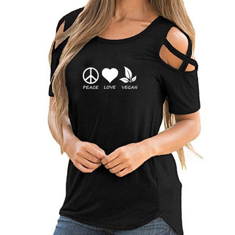 New Peace Love Vegan Woman's Tees With Shoulder Cut Outs! - ConsciousValues